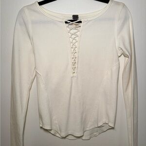 Free People Ivory Lace-Up Long Sleeve Top